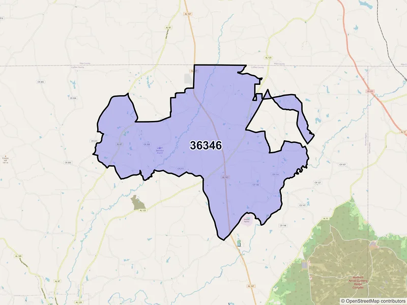Map of Jack, Alabama and ZIP codes