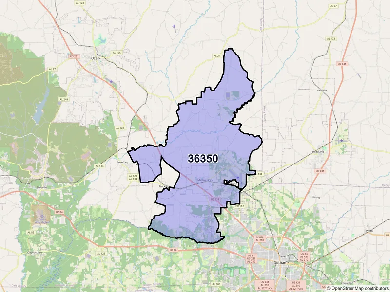 Map of ZIP Code 36350 — Midland City, AL