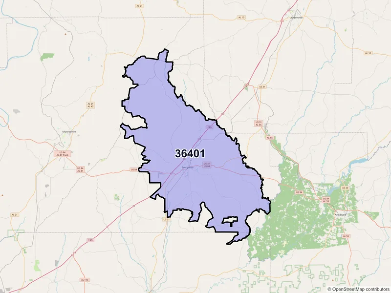 Map of ZIP Code 36401 — Evergreen, AL