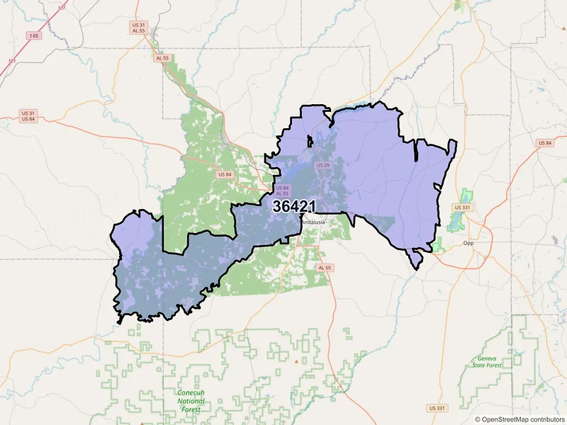 Map of ZIP Code 36421 — Andalusia, AL