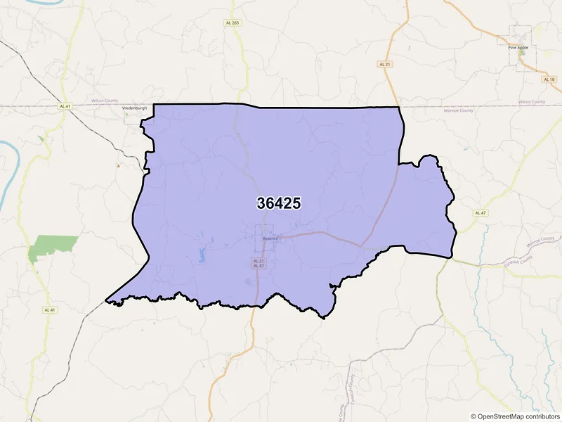Map of ZIP Code 36425 — Beatrice, AL