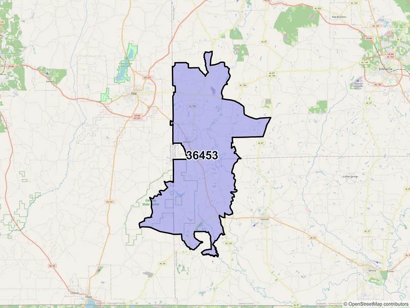 Map of ZIP Code 36453 — Kinston, AL