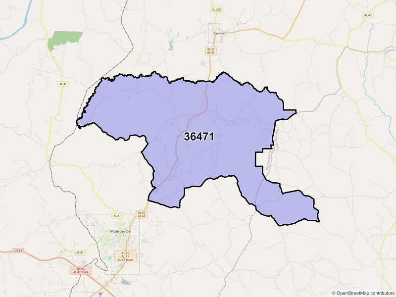 Map of Peterman, Alabama and ZIP codes