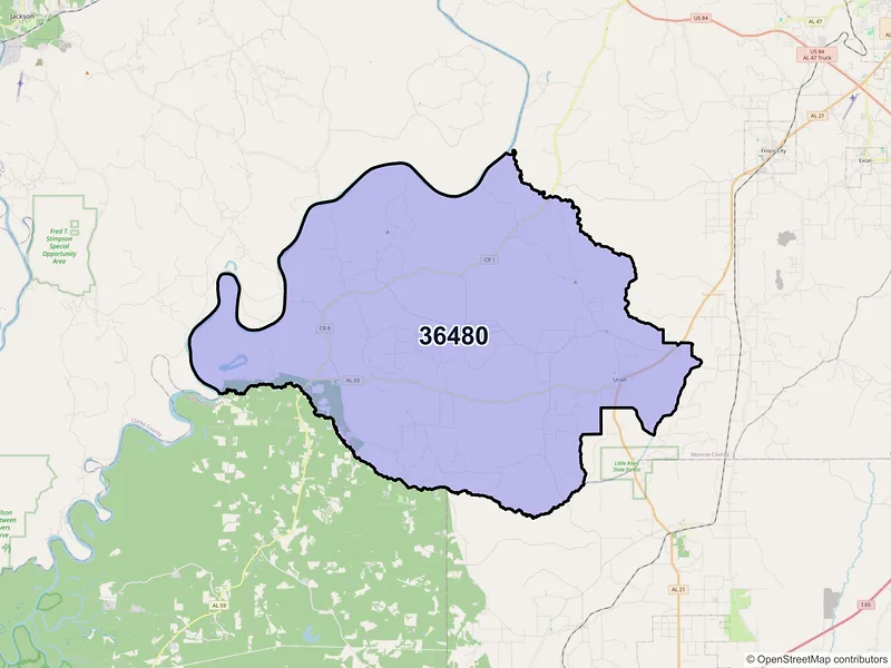 Map of ZIP Code 36480 — Uriah, AL