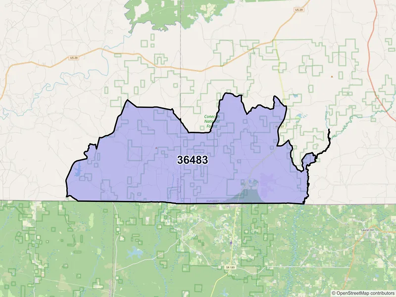 Map of ZIP Code 36483 — Wing, AL