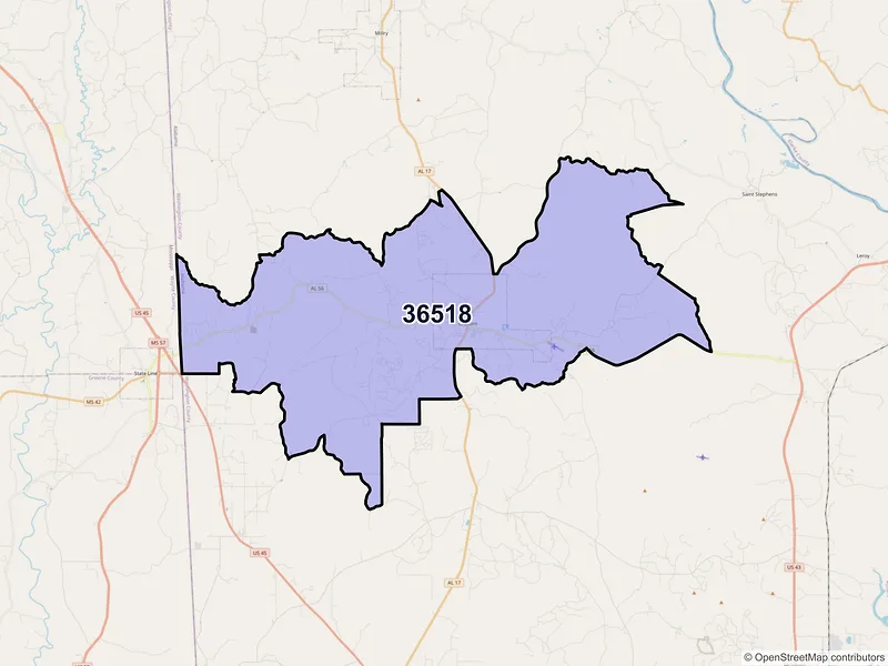 Map of ZIP Code 36518 — Chatom, AL