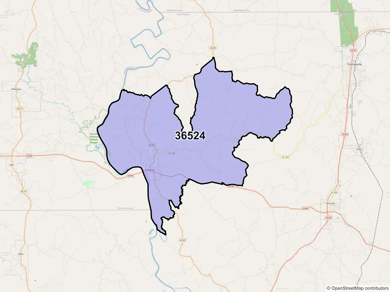 Map of Coffeeville, Alabama and ZIP codes