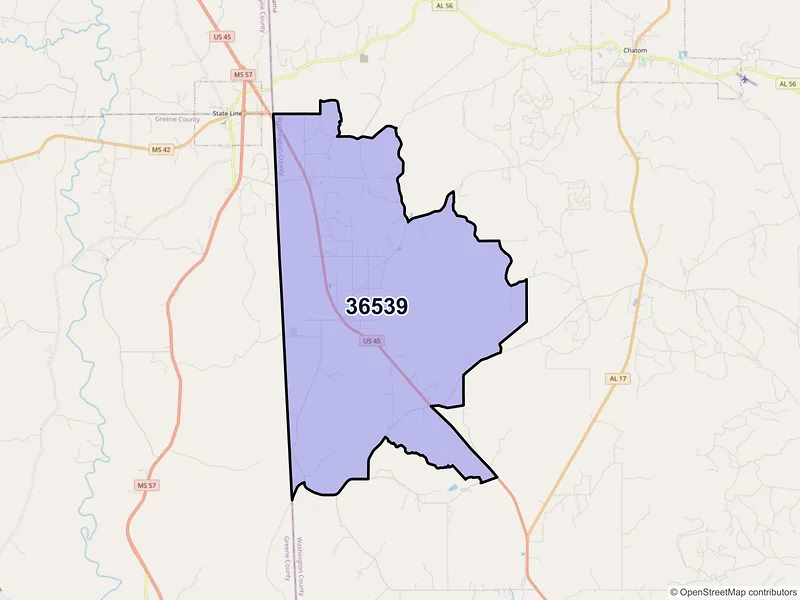 Map of ZIP Code 36539 — Fruitdale, AL