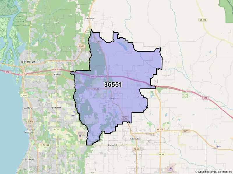 Map of ZIP Code 36551 — Loxley, AL