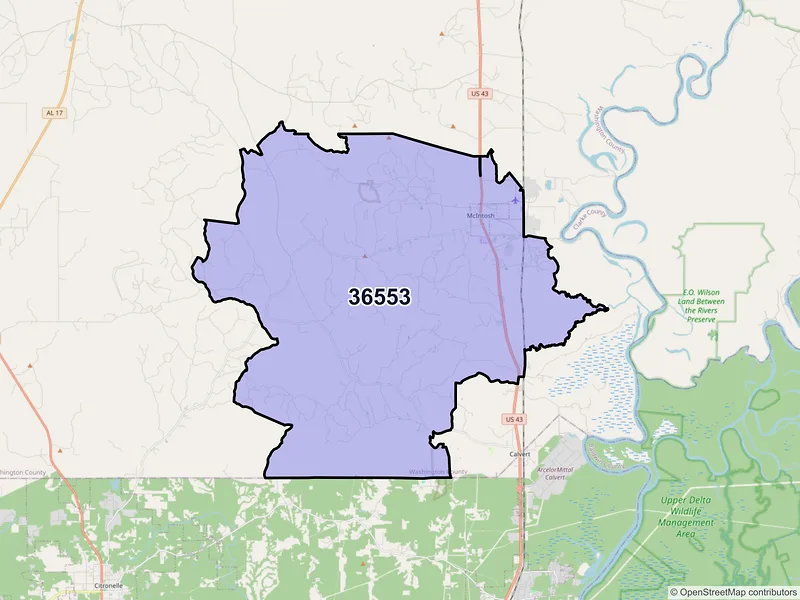 Map of ZIP Code 36553 — Mc Intosh, AL