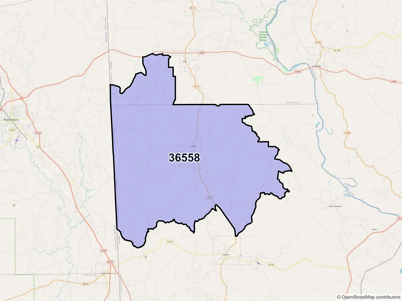 Map of ZIP Code 36558 — Millry, AL