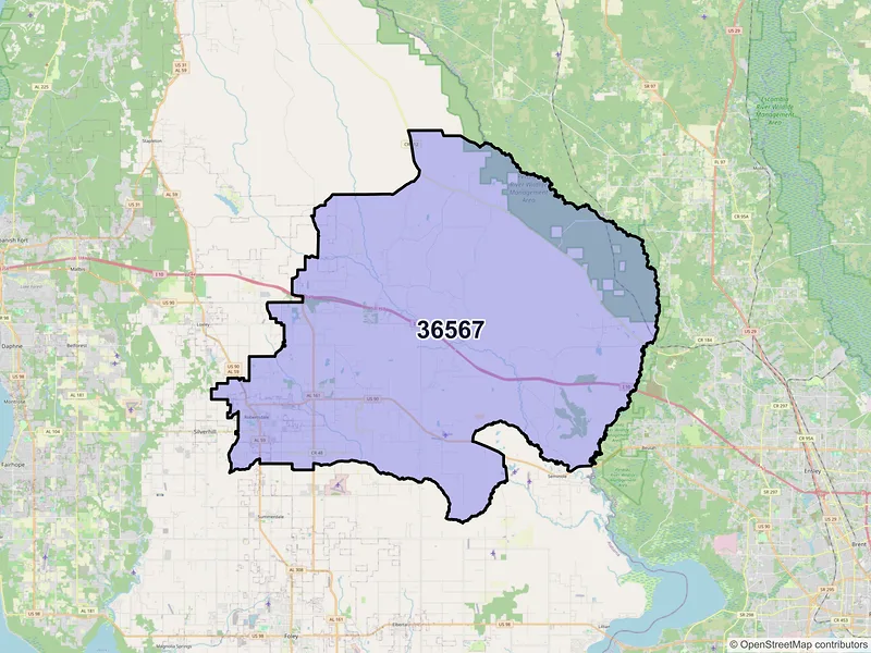 Map of ZIP Code 36567 — Robertsdale, AL