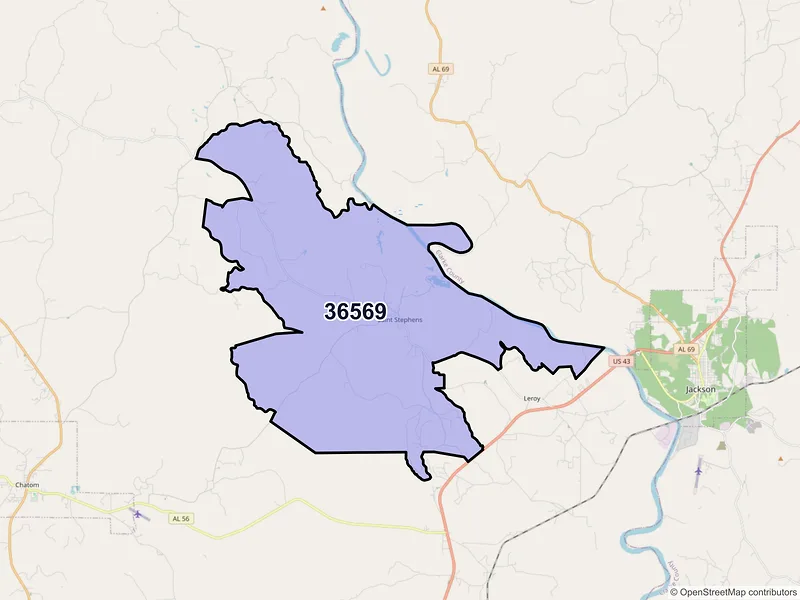 Map of ZIP Code 36569 — Saint Stephens, AL