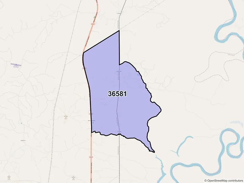 Map of ZIP Code 36581 — Sunflower, AL