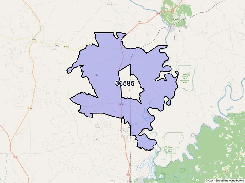 Map of ZIP Code 36585 — Wagarville, AL