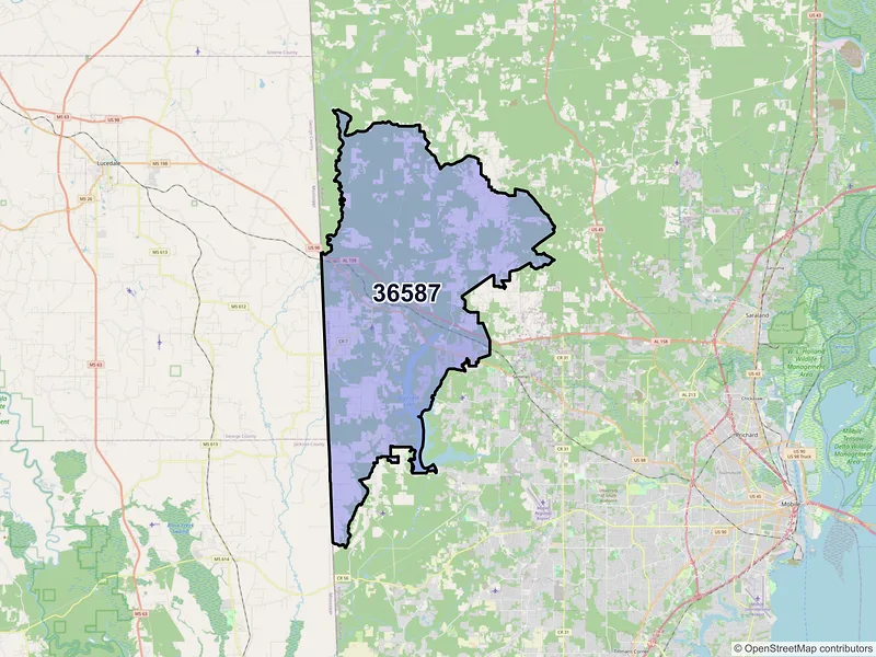 Map of ZIP Code 36587 — Wilmer, AL