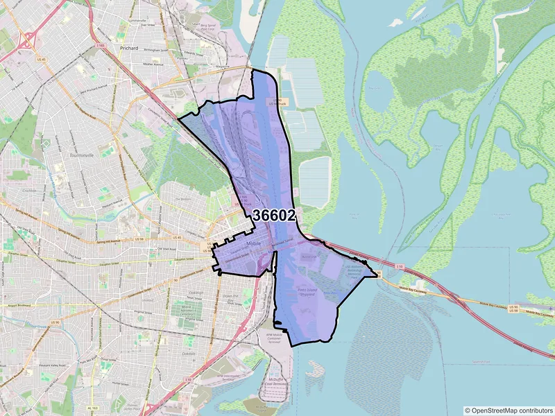 Map of ZIP Code 36602 — Mobile, AL