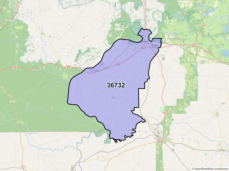 Map of ZIP Code 36732 — Demopolis, AL