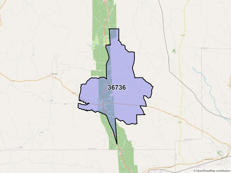 Map of ZIP Code 36736 — Dixons Mills, AL