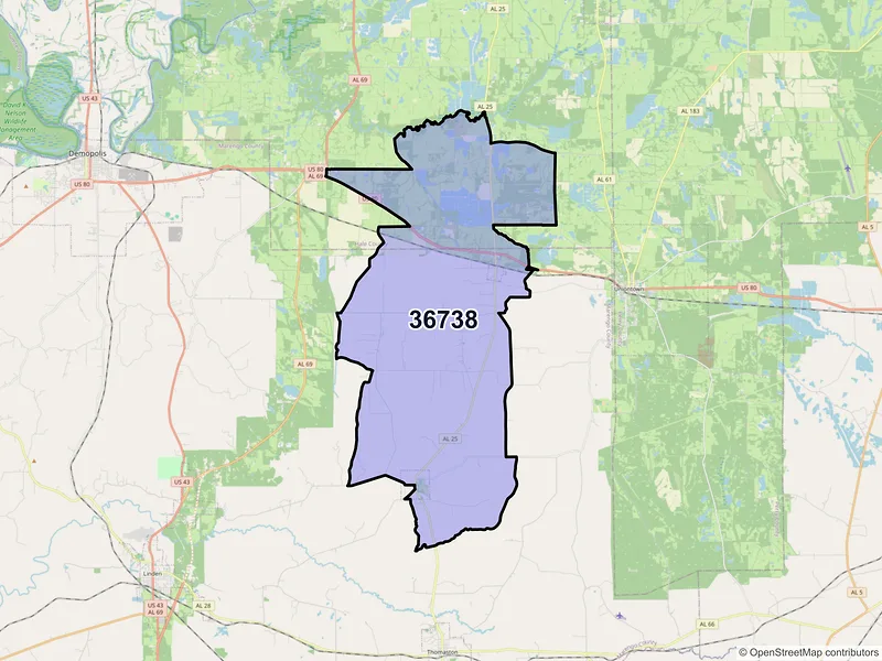 Map of ZIP Code 36738 — Faunsdale, AL