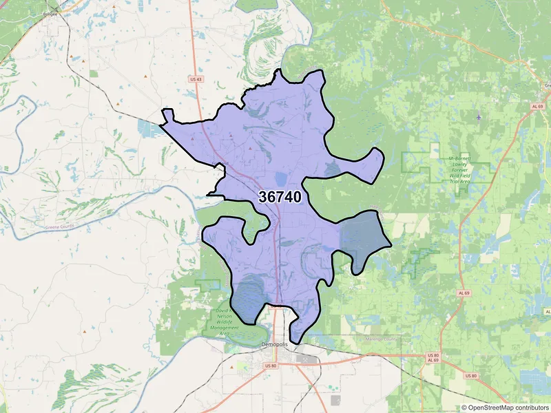 Map of ZIP Code 36740 — Forkland, AL