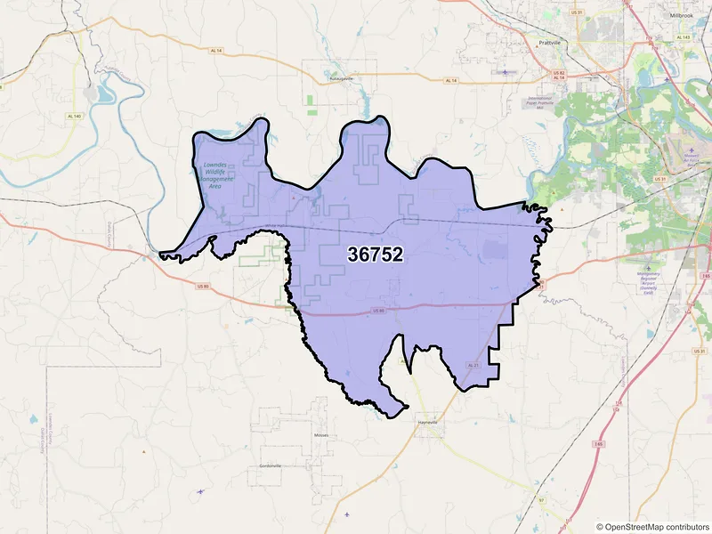 Map of ZIP Code 36752 — Lowndesboro, AL