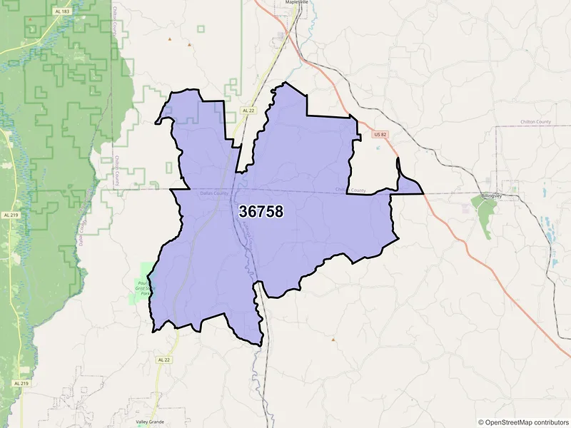 Map of Plantersville, Alabama and ZIP codes
