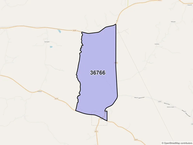 Map of Oak Hill, Alabama and ZIP codes