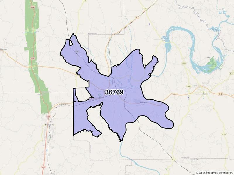 Map of ZIP Code 36769 — Pine Hill, AL