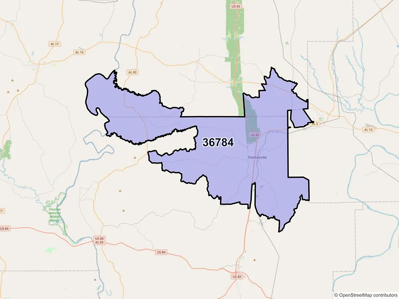 Map of ZIP Code 36784 — Thomasville, AL
