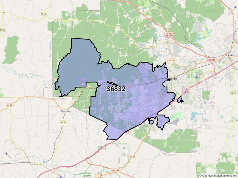 Map of ZIP Code 36832 — Auburn, AL