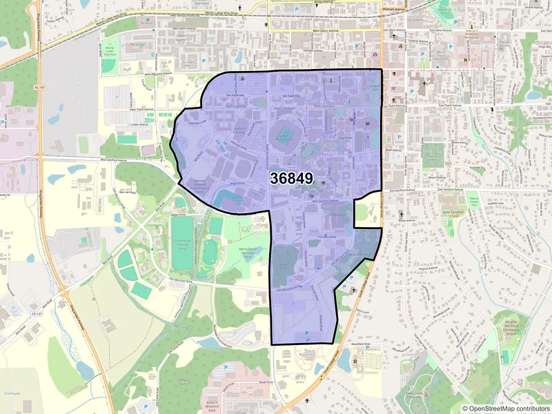 Map of ZIP Code 36849 — Auburn University, AL