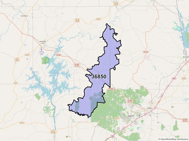 Map of ZIP Code 36850 — Camp Hill, AL