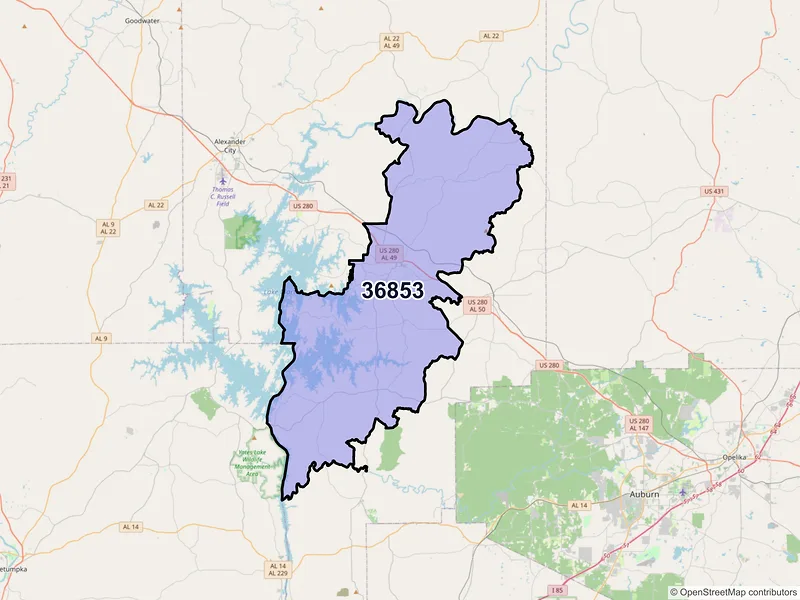 Map of Dadeville, Alabama and ZIP codes