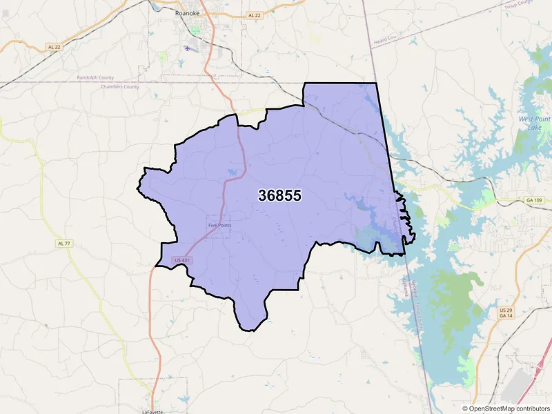 Map of ZIP Code 36855 — Five Points, AL