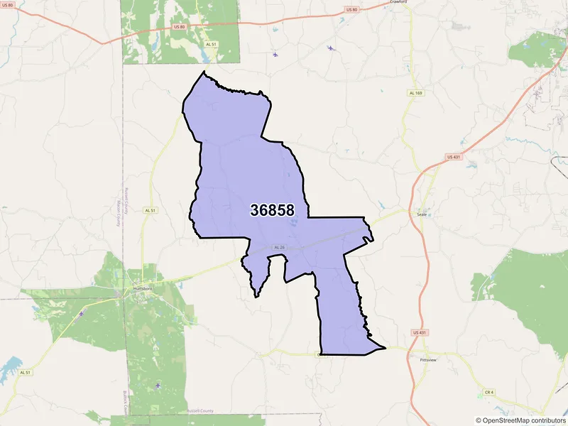 Map of ZIP Code 36858 — Hatchechubbee, AL
