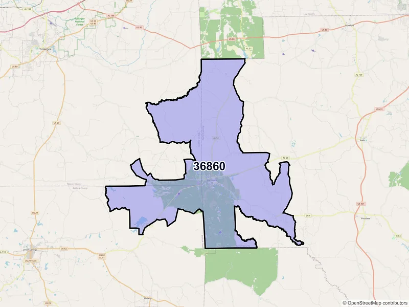 Map of ZIP Code 36860 — Hurtsboro, AL