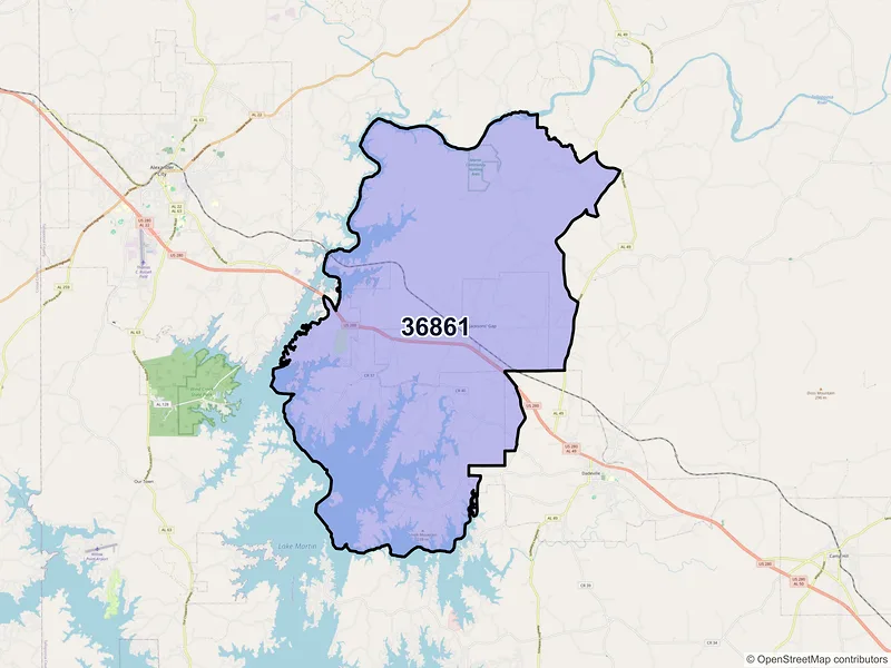Map of ZIP Code 36861 — Jacksons Gap, AL