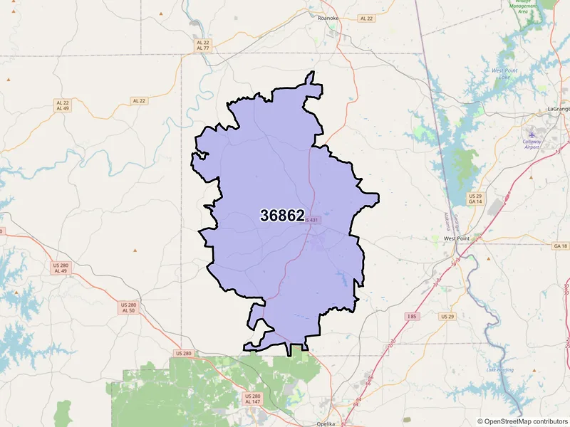 Map of Lafayette, Alabama and ZIP codes