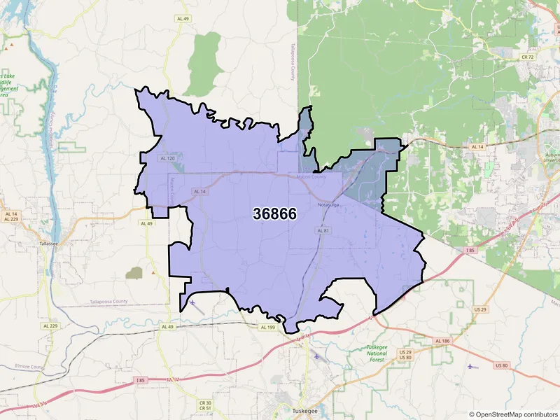 Map of ZIP Code 36866 — Notasulga, AL