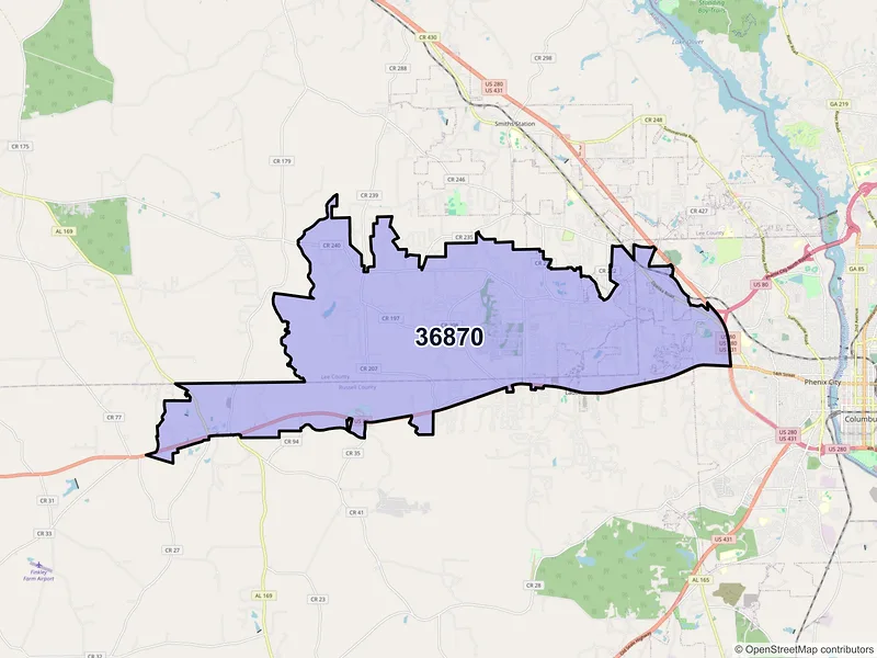 Map of ZIP Code 36870 — Phenix City, AL