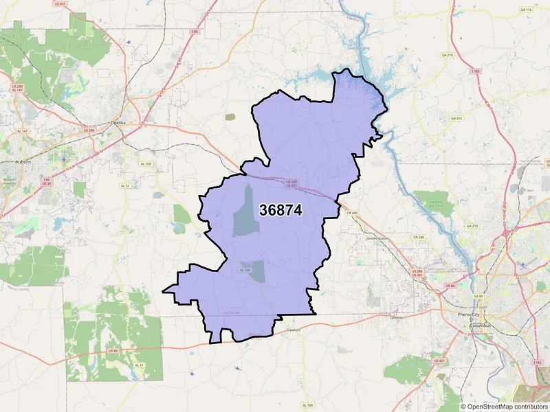 Map of ZIP Code 36874 — Salem, AL