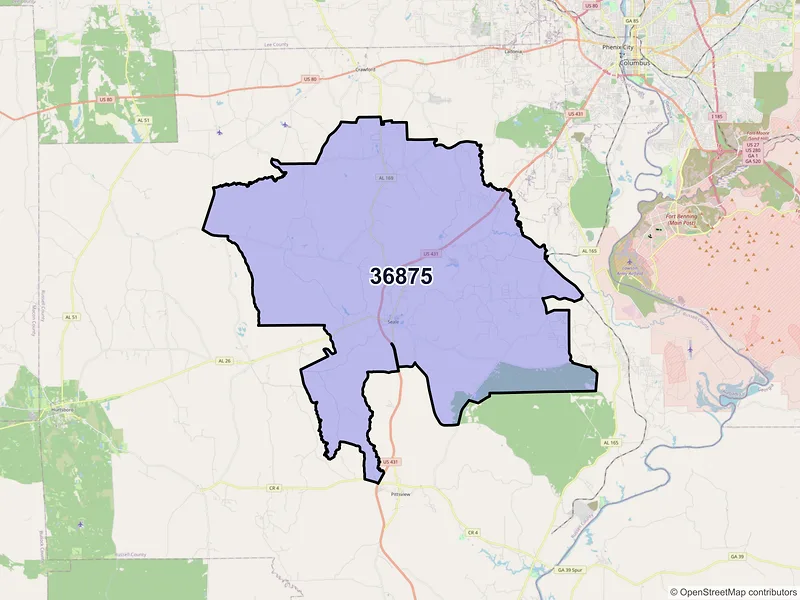 Map of ZIP Code 36875 — Seale, AL