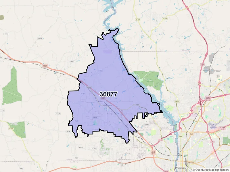Map of ZIP Code 36877 — Smiths Station, AL