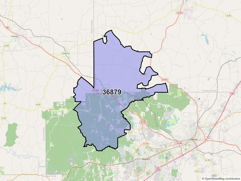 Map of ZIP Code 36879 — Waverly, AL