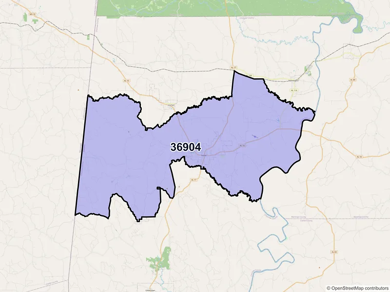 Map of ZIP Code 36904 — Butler, AL