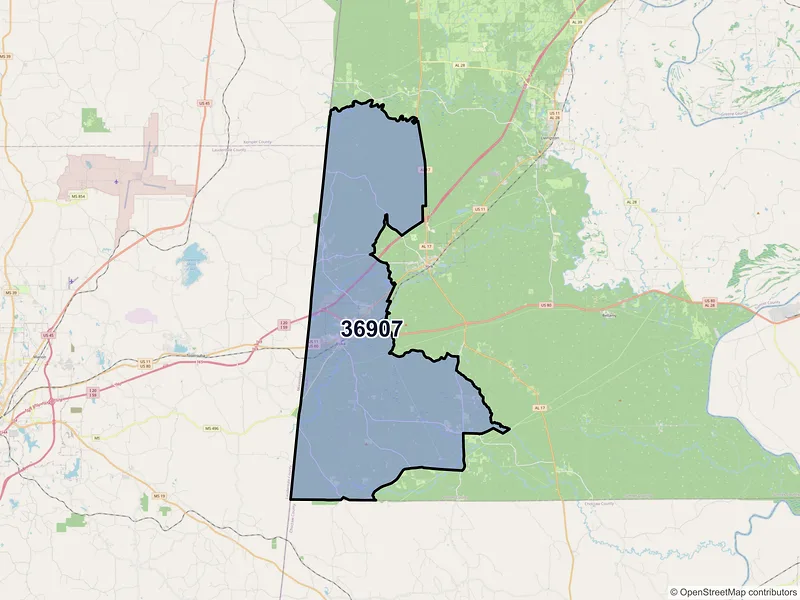 Map of ZIP Code 36907 — Cuba, AL