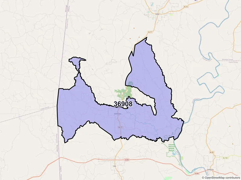 Map of ZIP Code 36908 — Gilbertown, AL