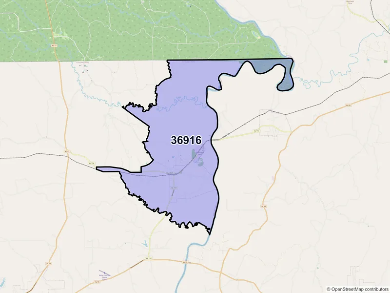 Map of ZIP Code 36916 — Pennington, AL