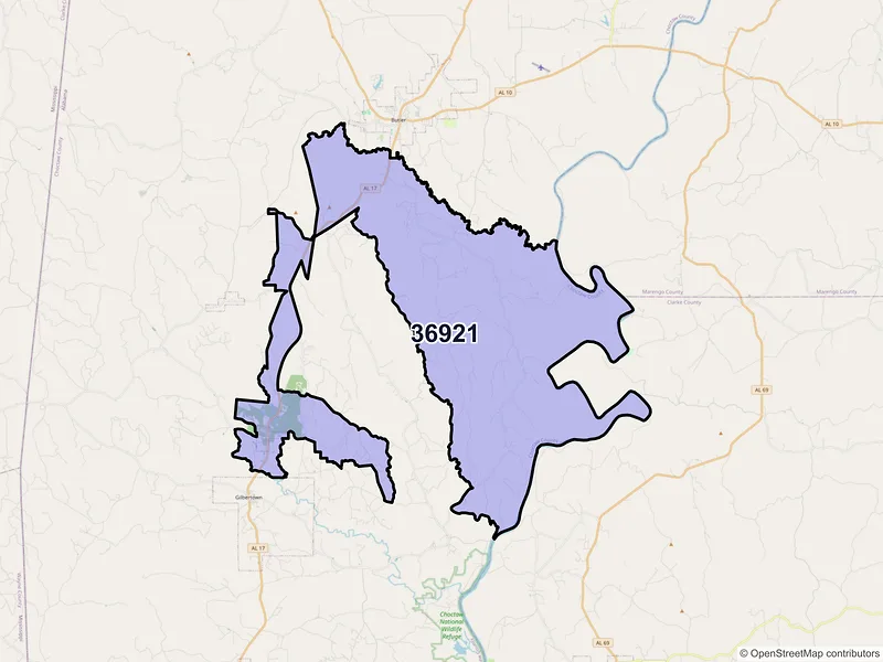 Map of ZIP Code 36921 — Toxey, AL